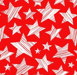 White stars, red background, seamless, vector. White stars painted diagonal stroke. Vector picture.  