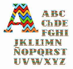 Spanish alphabet, colorful zigzag, vector.  Capital letters with serifs. Vector font. The colored, broken lines on a black background.  