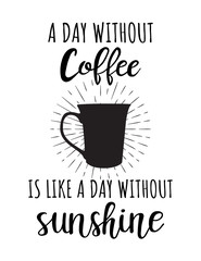 Vector lettering about coffee. A day without coffee is like a day without sunshine. Vector poster