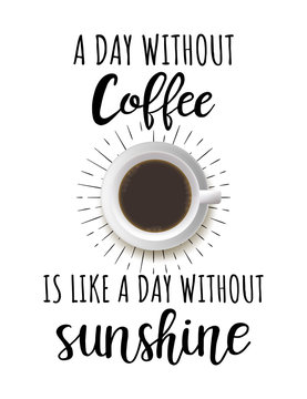 Fototapeta Vector lettering about coffee. A day without coffee is like a day without sunshine. Vector poster with top view cup