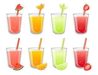 Vector fruit cocktails or juice.  Set of cocktails or juice isolated on white background