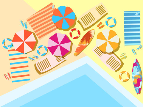 Swimming pool, top view. Sunbeds and umbrellas from the sun, rest at the pool. Vector illustration