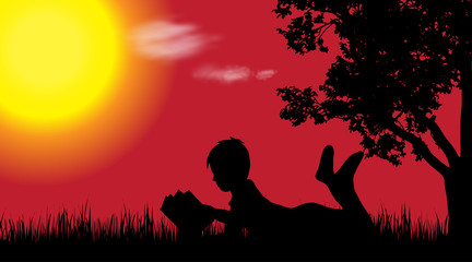Vector silhouette of boy in nature at sunset.