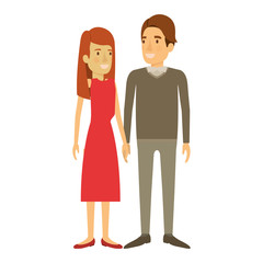 colorful silhouette of man and woman standing and her with long hair straight and him in formal clothes and hair side fringe vector illustration