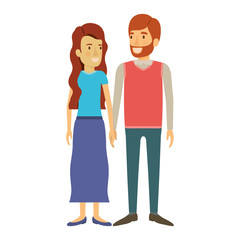 Obraz premium colorful silhouette of man and woman standing and her with long wavy hair and him in formal clothes and red beard vector illustration