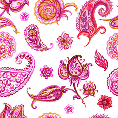 Seamless watercolor paisley pattern on white background.