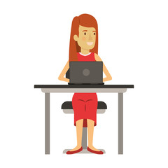 colorful silhouette of woman with long hair and straight and sitting in chair in desk with laptop computer vector illustration
