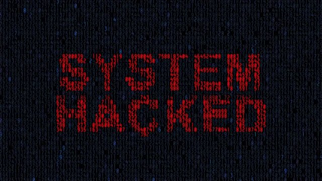 Animation computer monitor screen source code and text VIRUS sign warning blinking that the system had been hacked or infected by network virus. Virus alert background, security concept. system hacked