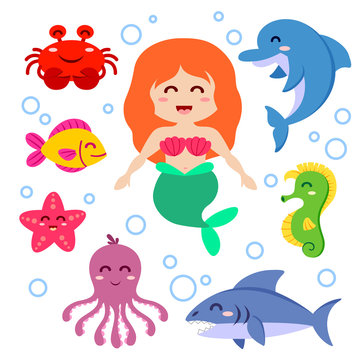 Mermaid and sea animals. Fish, starfish, octopus, seahorse, shark, dolphin, crab