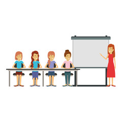 white background with women group sitting in a desk for executive female in presentacion business people vector illustration