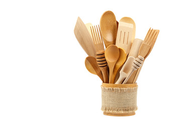 Wooden kitchen utensils isolated on white background