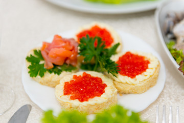 Sandwiches with red caviar and salmon are spread on a plate on a buffet table close up.