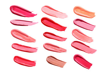 Collage of lip gloss on a white background