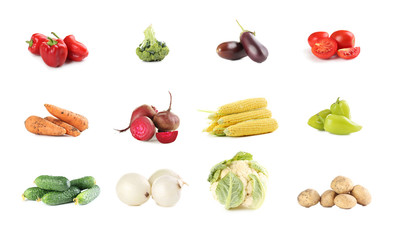 Collage of different vegetables on white background