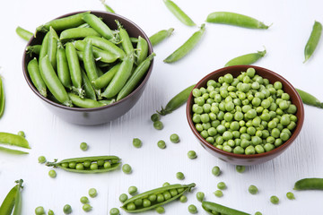 Fresh green peas in bowl on white wooden table