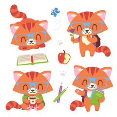 vector cartoon style kawaii nerd cat set