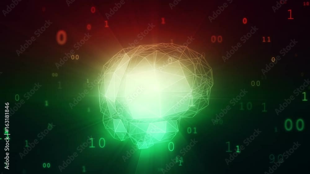 Poster digital artificial intelligence brain in cloud of binary data