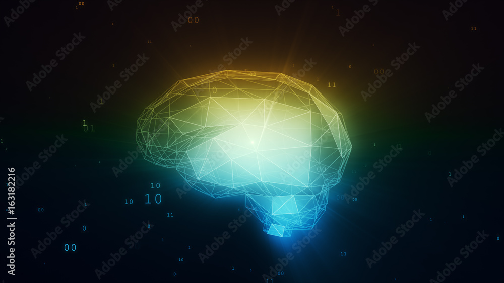 Poster digital artificial intelligence brain in cloud of binary data 3d illustration