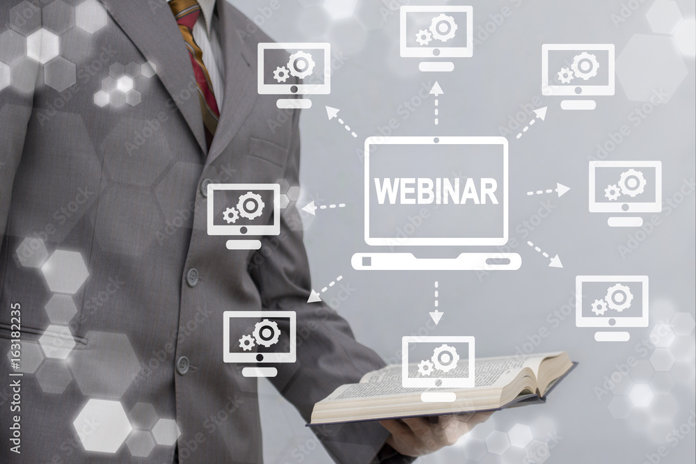 Poster webinar online conference web education internet training business network concept. man keeps book a
