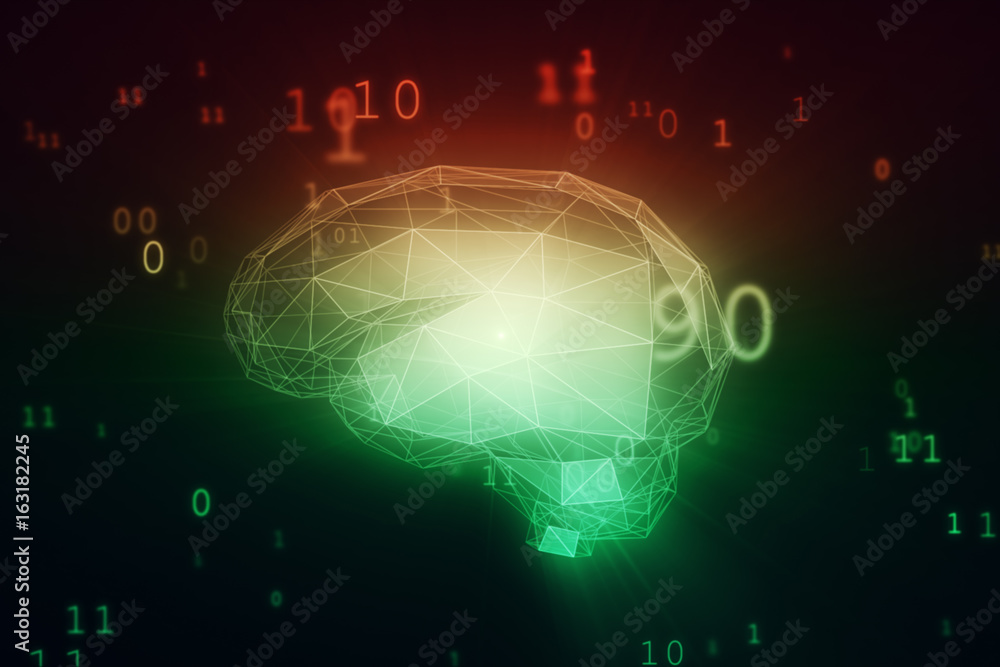 Poster digital artificial intelligence brain in cloud of binary data 3d illustration