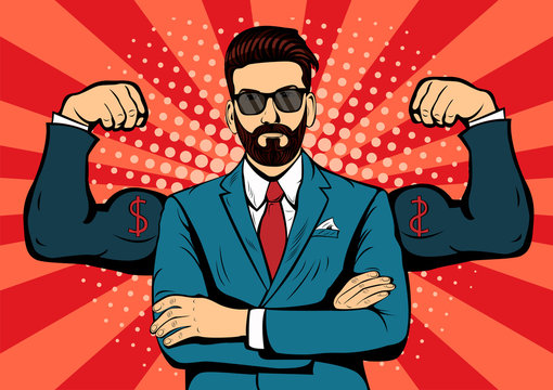 Hipster beard businessman with muscles pop art retro style. Strong Businessman in glasses in comic style. Success concept vector illustration.