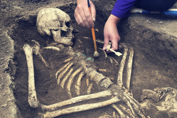 Archaeological excavations.  archaeologist with tools conducts research on human burial, skeleton,...