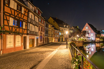 Fototapeta na wymiar Night view of the traditional street of Colmar, Alsace, France