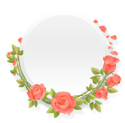 Round frame of flowers with pink, red roses. Decoration wedding, anniversary, romantic cards, invitations, banners. Vintage