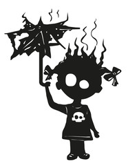 Girl with skull and umbrella, lightning strike, illustration, black on white background for stickers, prints on T-shirt, banners.
