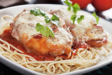 Italian chicken parmesan with spaghetti pasta
