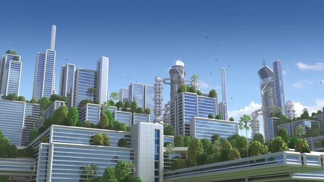 3D Animation of a futuristic "green" city with high rise buildings and terraces covered in vegetation, for environmental architecture backgrounds. 