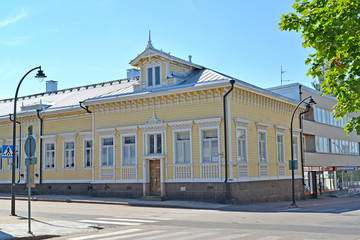HAMINA, FINLAND. A wooden house with carved decoration of a facade