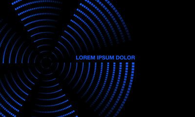 Blue Neon Rotating Propeller Banner. Twisted glowing dots on a black background. Residual trace of luminous dots.