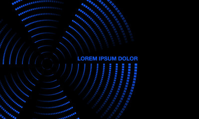 Blue Neon Rotating Propeller Banner. Twisted glowing dots on a black background. Residual trace of luminous dots.