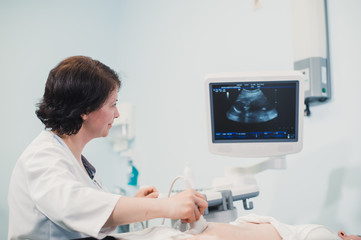 Doctor showing baby ultrasound image on computer to pregnant woman