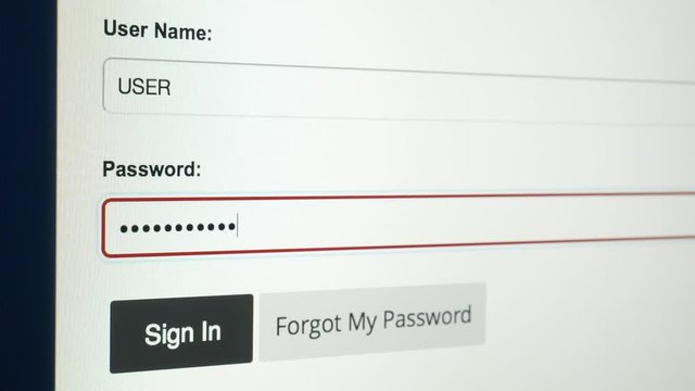 4K Account login security protection concept. Typing username member and password code in internet browser on computer screen. Register and login access to online website.