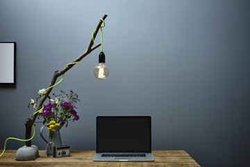 urban office unique illumination branch lamp and laptop