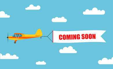 Flying advertising banner, pulled out by light aircraft with the inscription "COMING SOON" - stock vector. © Comauthor