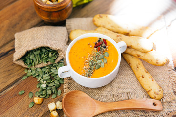 Pumpkin soup in a bowl