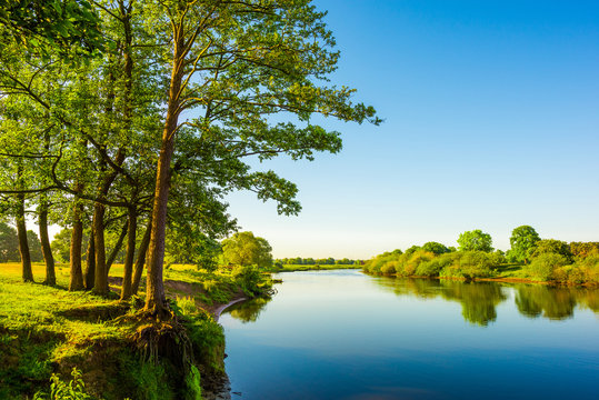 Beautiful landscape with river, trees and meadows