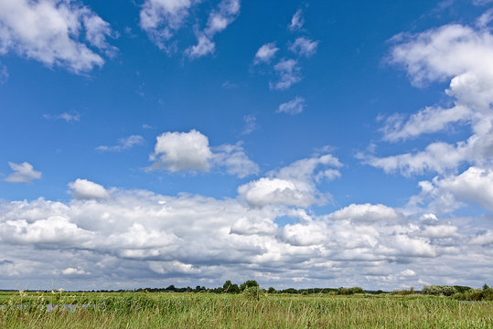 Blue sky with white clouds over a green field