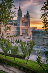 Madrid, Spain: the Cathedral of Saint Mary the Ryoal of La Almudena at sunset    © krivinis
