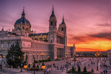 Fototapeta na wymiar Madrid, Spain: the Cathedral of Saint Mary the Ryoal of La Almudena at sunset 