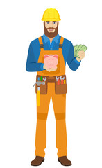 Worker with piggy bank showing cash money