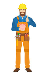Worker with piggy bank and showing thumb up