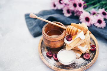 Pancake with Honey over vintage background