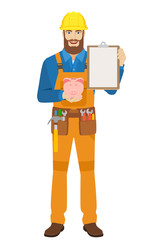 Worker with piggy bank and clipboard