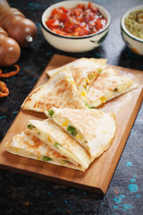 Mexican quesadillas with salsa and guacamole