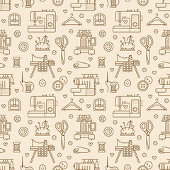 Sewing equipment, tailor supplies seamless pattern with flat line icons set. Needlework accessories - sewing embroidery machine, pin, needle, thread, DIY tools. Linear signs for hand made store.