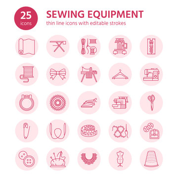 Sewing equipment, tailor supplies flat line icons set. Needlework accessories - sewing embroidery machine, pin, needle, thread, zipper, hanger, DIY tools. Linear signs set, logos for hand made store.